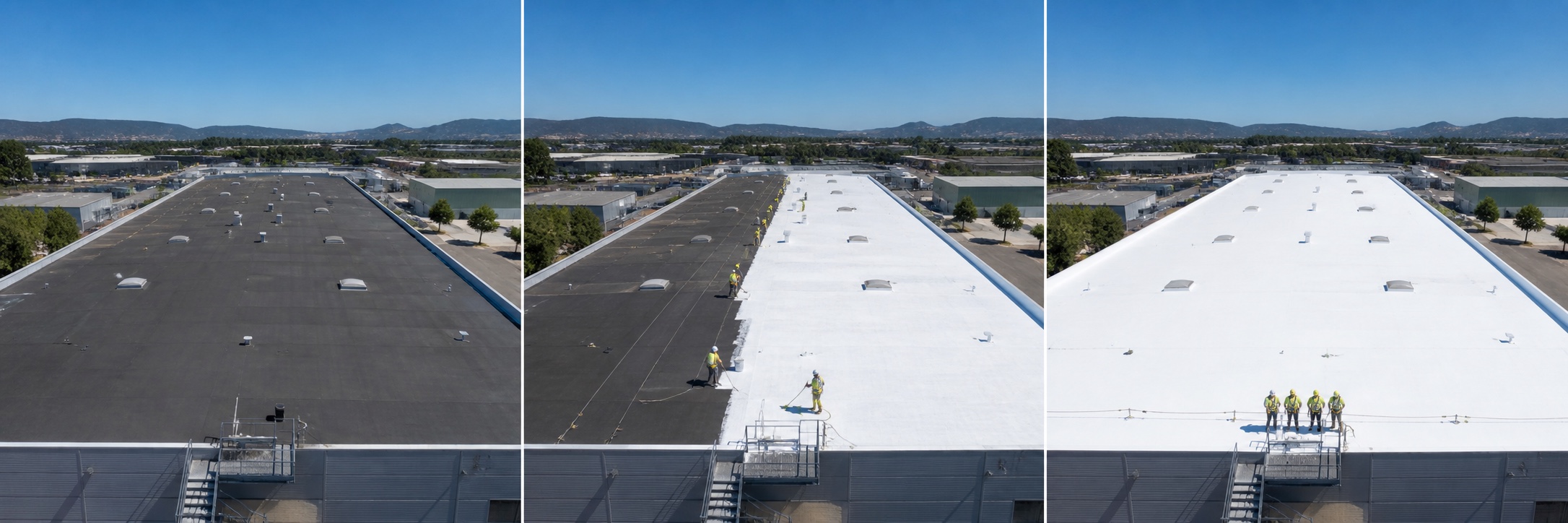 Illustration en trois étapes d’une toiture industrielle avant, pendant et après l’application d’un revêtement France Roof Cooling